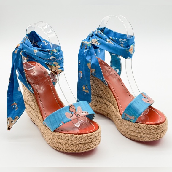 Christian Louboutin Monica Du Desert 110 Satin Wedge Espadrille Sandals EU37 US7 - Picture 3 of 10